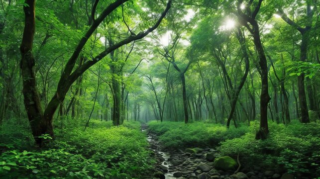 A dense forest with vibrant green trees. AI generated