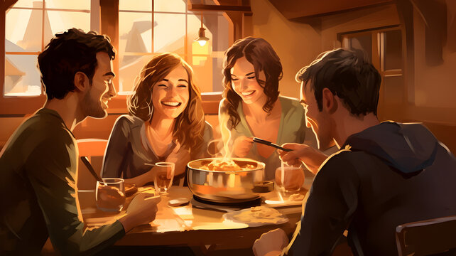illustration d'un groupe d'amis en train de d&eacute;guster une fondue savoyarde dans un restaurant, dessin - IA g&eacute;n&eacute;rative