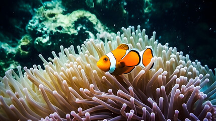 Plakat Nemo fish among coral reefs. Marine environment. AI generated