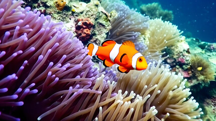 Fototapeta na wymiar Nemo fish among coral reefs. Marine environment. AI generated