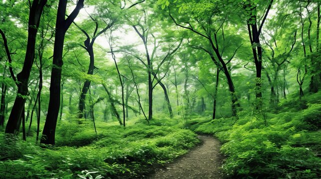 A dense forest with vibrant green trees. AI generated