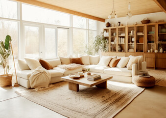 A modern minimalist, farmhouse, boho living room with a large white couch and chairs, earthy palettes, large windows, wooden coffee tables, large area accent rugs, ai generative