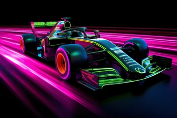 Crédence de cuisine en verre imprimé F1 F1 Speed Race Car Fast Moving with Neon Lights. Generative ai