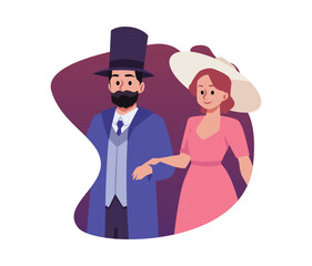 Smiling man and woman in victorian style clothes flat style, vector illustration