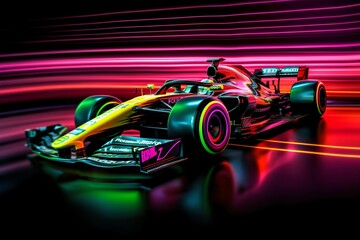F1 Speed Race Car Fast Moving with Neon Lights. Generative ai