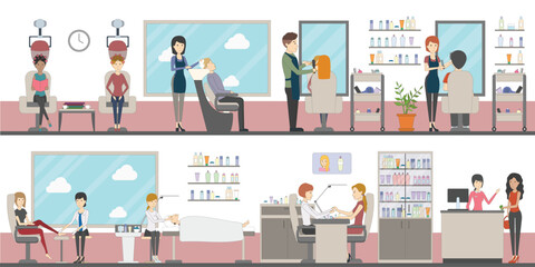 hairdresser making female customer hair in a hair salon and cartoon girl and cartoon boy with hand-drawn cartoon art vector illustration
