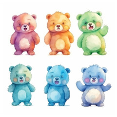 A set of watercolor bears with a white background