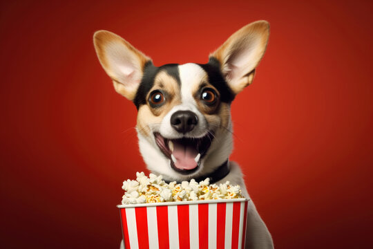 Happy dog with popcorn in red and white striped cardboard bucket, on red background, ai generative