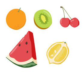 Hand drawn fruits. Doodle harvest, citrus, avocado and apple, natural vegan sweet summer fruits.
