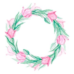 Fototapeta na wymiar A delicate watercolor wreath of pink tulips with green leaves on a white background. Hand-drawn flower frame. Botanical spring illustration for postcard, invitations.