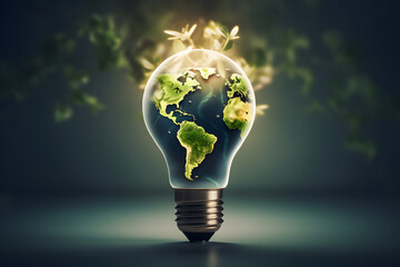 Sustainable Innovation: Light Bulb with Green Earth Map - Generative AI
