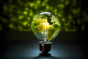 Sustainable Innovation: Light Bulb with Green Earth Map - Generative AI