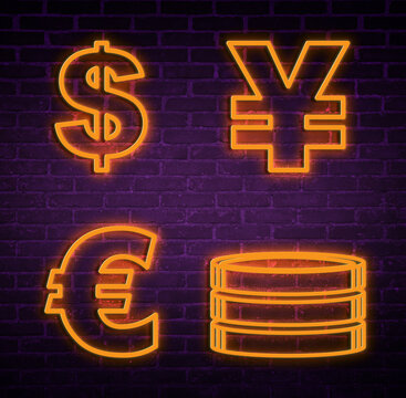 Money Exchange Neon Sign. Orange Symbols Of Different Currencies On Brick Wall