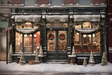 Fototapeta na wymiar A charming storefront with frost-covered windows, showcasing a variety of beautifully arranged Christmas decorations, enticing passersby with holiday spirit. Generative AI
