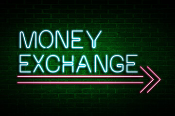 Money Exchange neon sign on brick wall. Bright text and pink arrow
