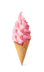 Delicious soft serve berry ice cream in crispy cone isolated on white