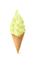 Delicious soft serve ice cream in crispy cone isolated on white