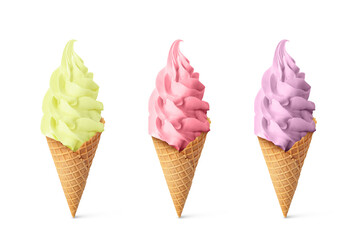 Set of different delicious soft serve ice creams in crispy cones on white background