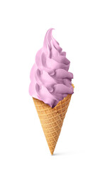 Delicious soft serve berry ice cream in crispy cone isolated on white