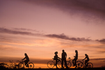 Young people in bicycles at sunset