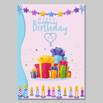Calm and lovely birthday celebration card with candles, gifts, and pink mixed background.
