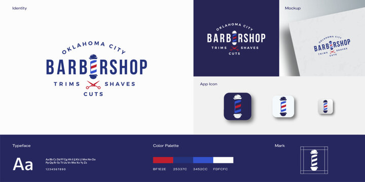 Retro Barbershop Abstract Vector Emblem Logo Template. Vintage Typography And Barbers Pole As Letter E. Concept Identity Guide With Modern Typography Realistic Mock Up Isolated