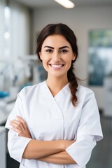 Caucasian woman dentist smiling while standing in dental clinic, AI Generative