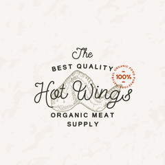 Poultry Vintage Vector Label Logo Template. Engraving Style Meat Illustration with Typography. Hand Drawn Retro Chicken Wings Drawing Emblem Isolated