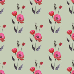Seamless pattern, a bouquet of poppies on a green background, wild flowers, pattern, paper texture, paint texture.