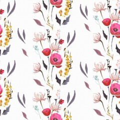 Seamless pattern, a bouquet of poppies on a white background, wild flowers, pattern, paper texture, paint texture.