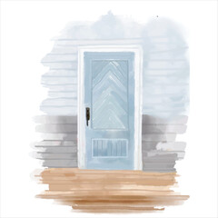 watercolor blue door with light grey wall n wooden path vector