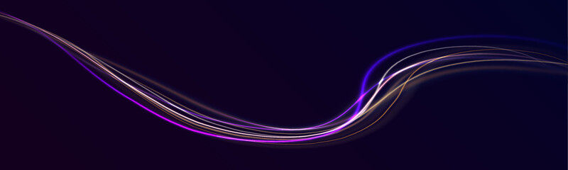 Abstract neon color wave lights background. Dynamic composition of bright lines forming lights path of speed movement, futuristic dark background, graphic design element	