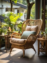 Fototapeta na wymiar Boho living room with rattan armchair, cushions, and bamboo coffee table. Bright and stylish interior design