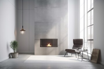 Interior of living room with fireplace, gray concrete floor, and lamp equipped armchair. mock up of a windowed room with a blank wall. Generative AI