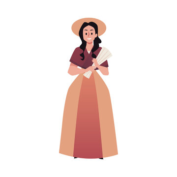 Woman in victorian dress and hat holding fan flat style, vector illustration