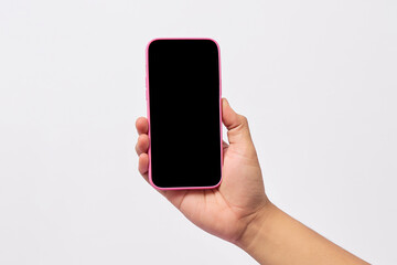 Close-up man hands holding cellphone blank screen copy space screen. smartphone with a blank white screen isolated on white background. smartphone with technology concept