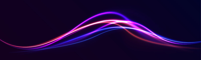 Abstract neon color wave lights background. Dynamic composition of bright lines forming lights path of speed movement, futuristic dark background, graphic design element	