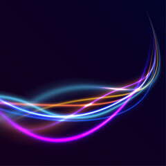 Futuristic neon light line trails. bright sparkling background. Purple glowing wave swirl, impulse cable lines. Long time exposure. Vector	
