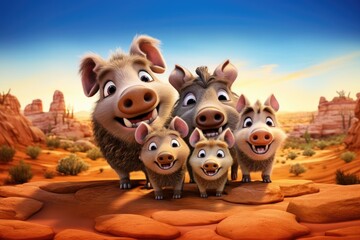 Cute Cartoon Javelina Family in the Desert