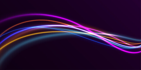 3d speedy neon light trails made with ultra violet and blue laser light. High speed effect motion blur night lights. semicircular wave, light trail curve swirl, incandescent optical fiber png vector.	