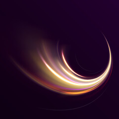 Golden light trail wave, fire path trace line and incandescence curve twirl. Luminous yellow lines of speed. Vector illustration of blue abstract background with blurred magic neon light curved lines.