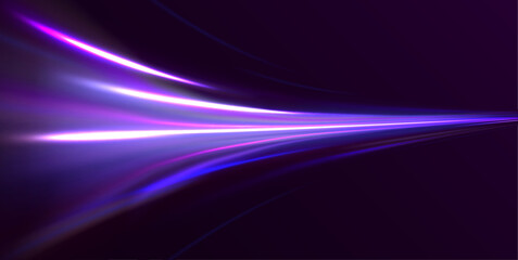 Obraz premium Speedy neon light trails made with ultra violet and blue laser light. High speed effect motion blur night lights. semicircular wave, light trail curve swirl, incandescent optical fiber png vector. 