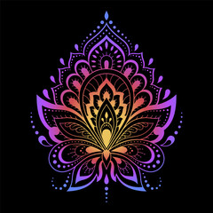 Colorful Lotus floral pattern for Mehndi and Henna drawing. Hand-draw lotus symbol. Decoration in ethnic oriental, Indian style. Rainbow design on black background.