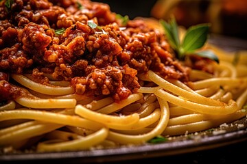 Pasta with Bolognese sauce and parmesan cheese. Generative Ai image