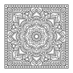 Decorative pattern of flowers and paisley for printing on fabric. Ornament for a bandana, a silk neckerchief, a tablecloth or a kerchief. Square sketch in tribal or oriental style.