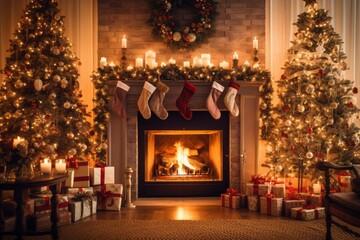 A cozy living room with a crackling fireplace, adorned with stockings, garlands, and flickering candles, evoking a sense of warmth and comfort during the holidays. Generative Ai