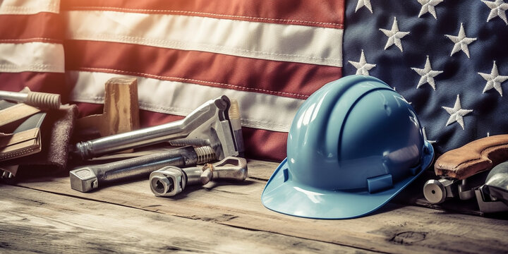 Labor day or American labor concept with construction and manufacturing tools on patriotic US, USA, American flag on white wooden background generative AI technology