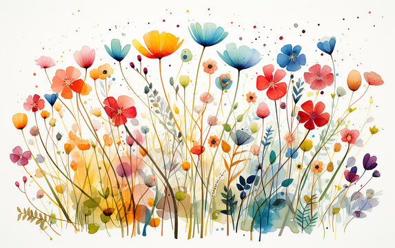 set in stile acquerello di fiori arcobaleno, tipologie diverse, ghirlande colorate, fondo bianco scontornabile, 