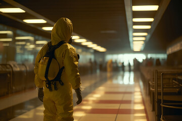 Fiction person in the hazmat suit in the different locations working with dangerous materials AI Generated image 