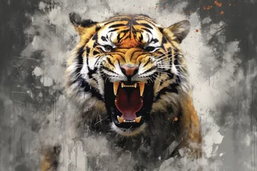 Tuinposter tiger  form and spirit through an abstract lens. dynamic and expressive tiger print by using bold brushstrokes, splatters, and drips of paint.  tiger raw power and untamed energy © PinkiePie